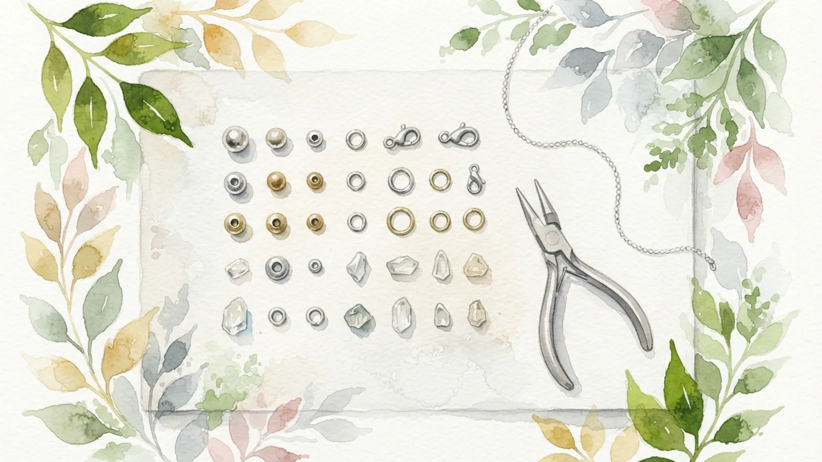 An overhead flat lay of simple jewelry components, beads, and tools on a work surface.