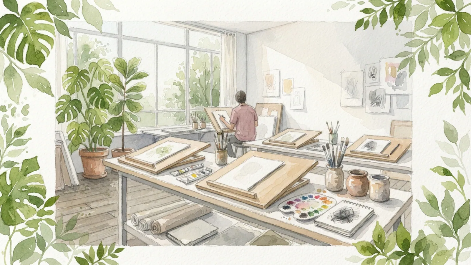 A bright art studio interior with drawing boards, art supplies, and a tropical plant.