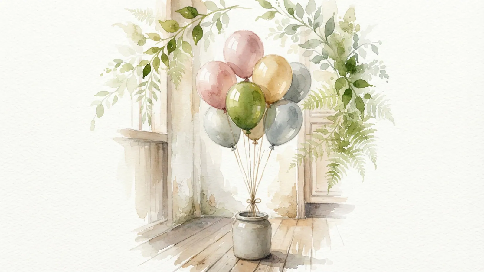 A close-up of colorful balloons tethered to a weight in a sunlit shophouse interior.