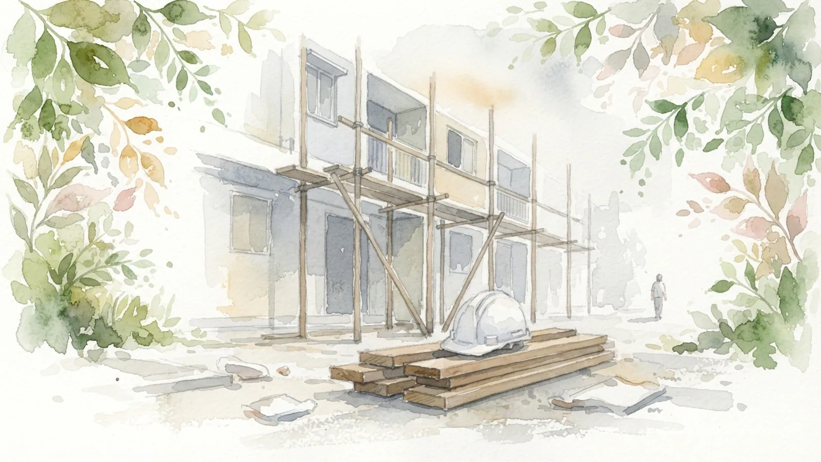 An outdoor view of a quiet construction site with scaffolding and a hard hat.