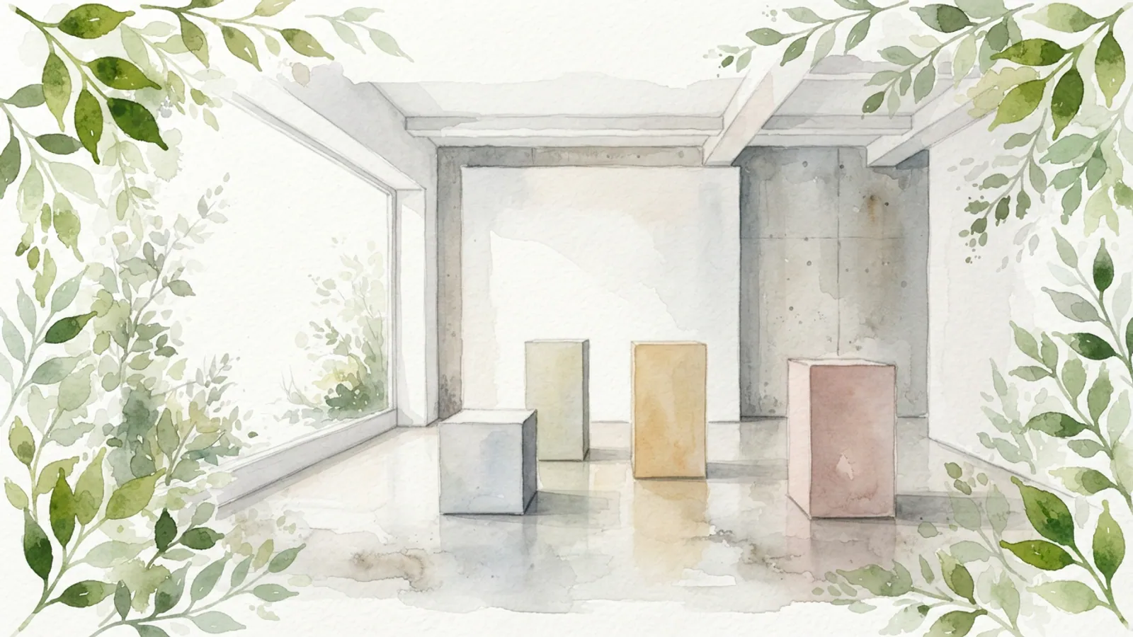 An empty, minimalist retail space with plain display pedestals and a large window.