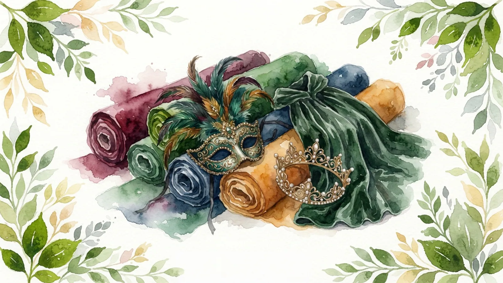 Rolled fabrics with a feathered masquerade mask, a small crown and a velvet cape.
