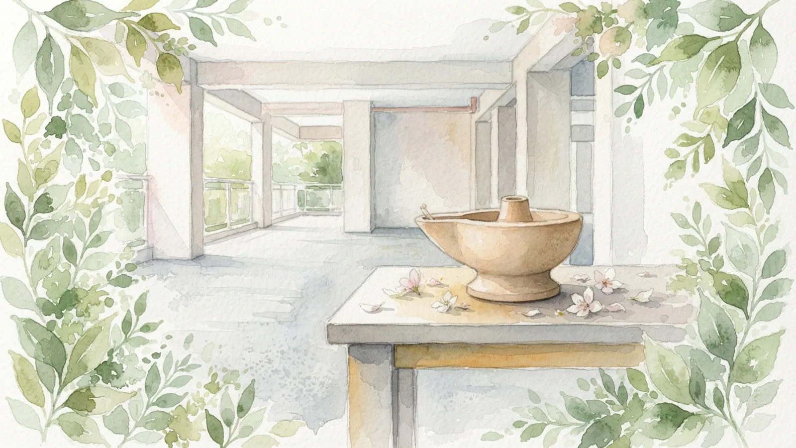 A quiet void deck with an unlit ceramic oil lamp and scattered white petals.