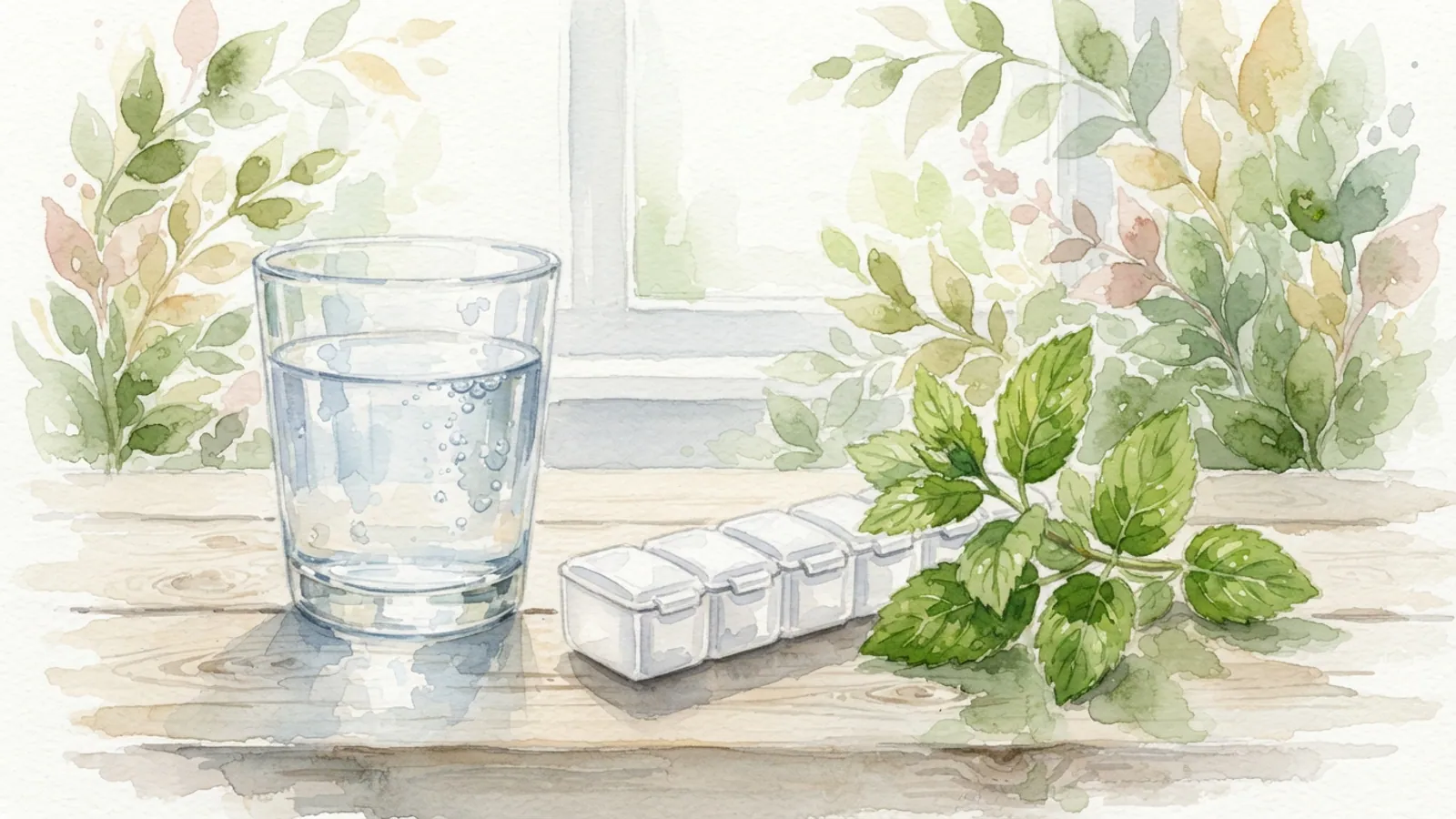 A glass of water, a closed pill organiser and a sprig of mint on a wooden table.