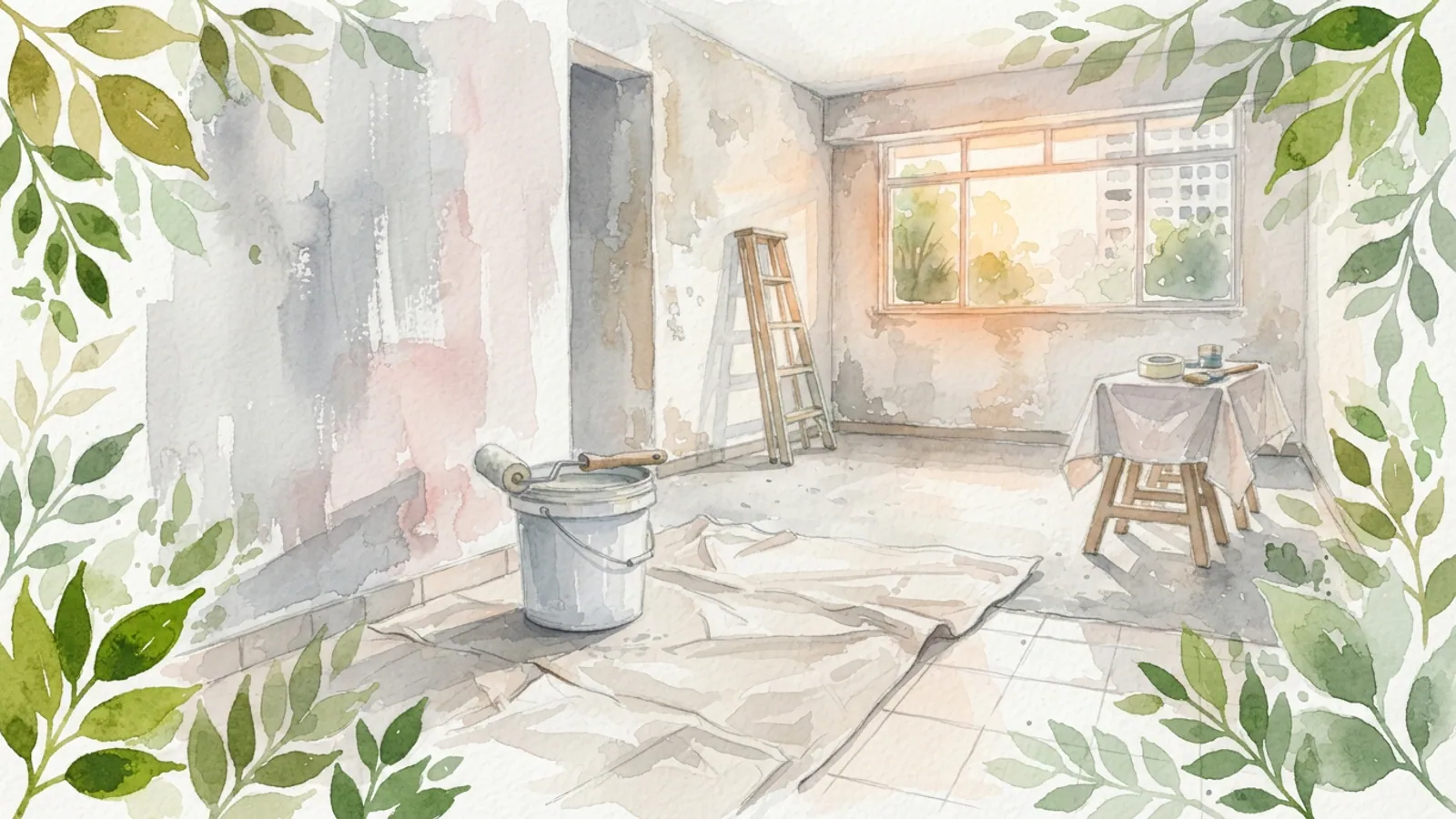 A living room under renovation with drop cloths, a bucket, and a paint roller.