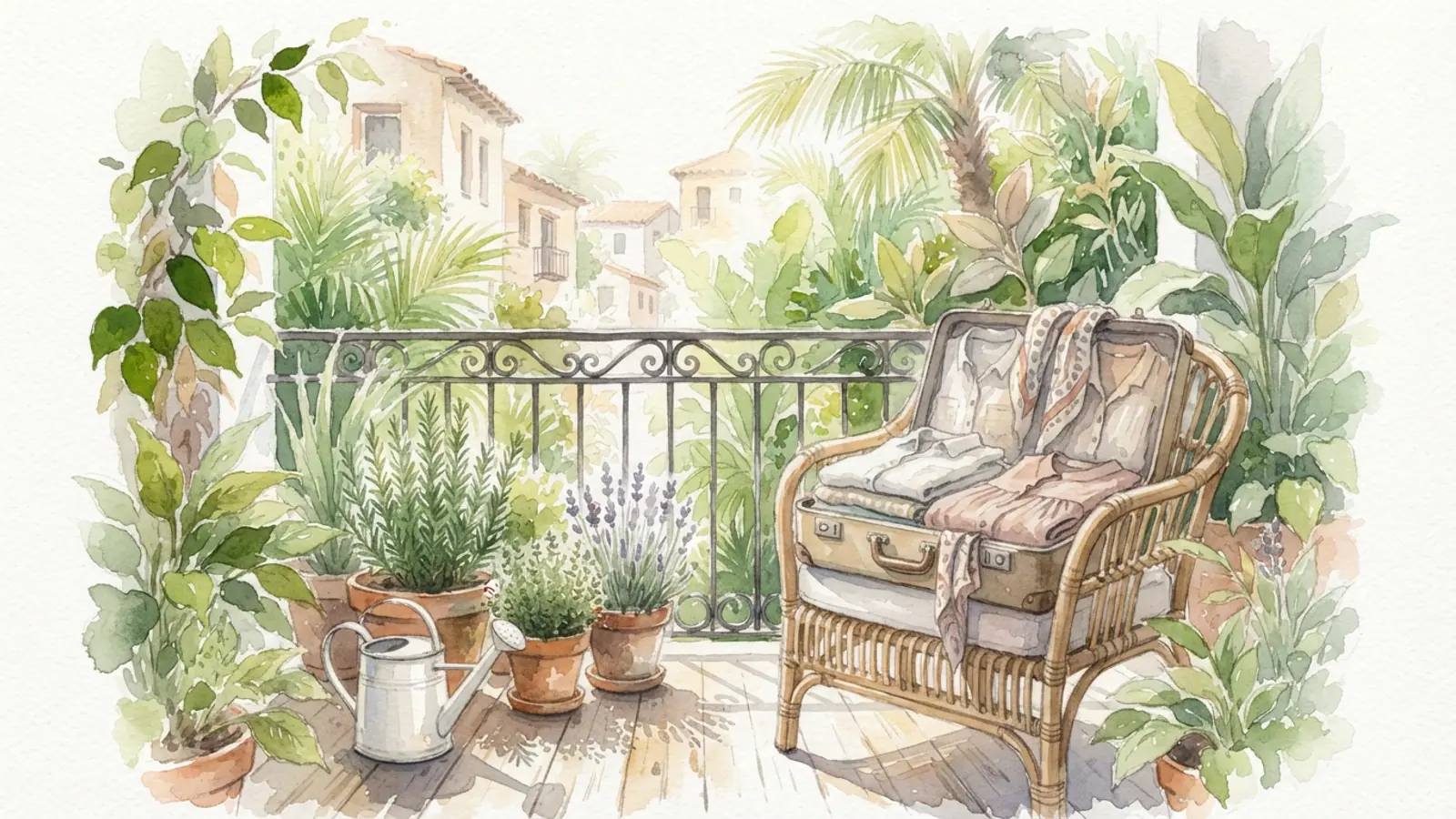 A sunny balcony with potted herbs, a watering can and an open suitcase on a rattan chair.