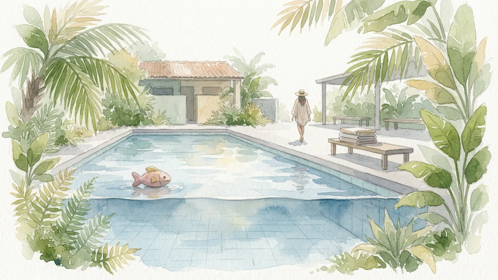 An outdoor community pool with a fish-shaped floating toy and tropical plants.