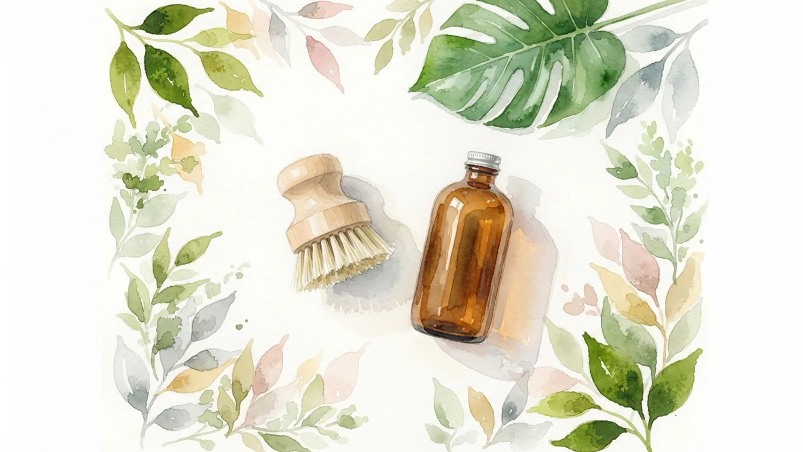 A scrubbing brush, cleaning solution bottle, and a tropical leaf on a kitchen countertop.