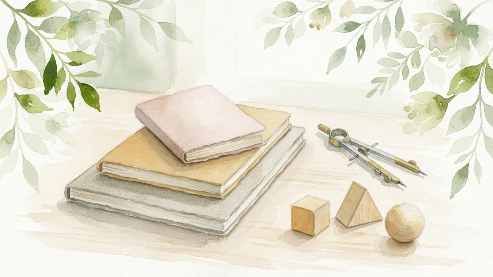 Closed notebooks, a drawing compass and wooden geometric solids on a light desk.