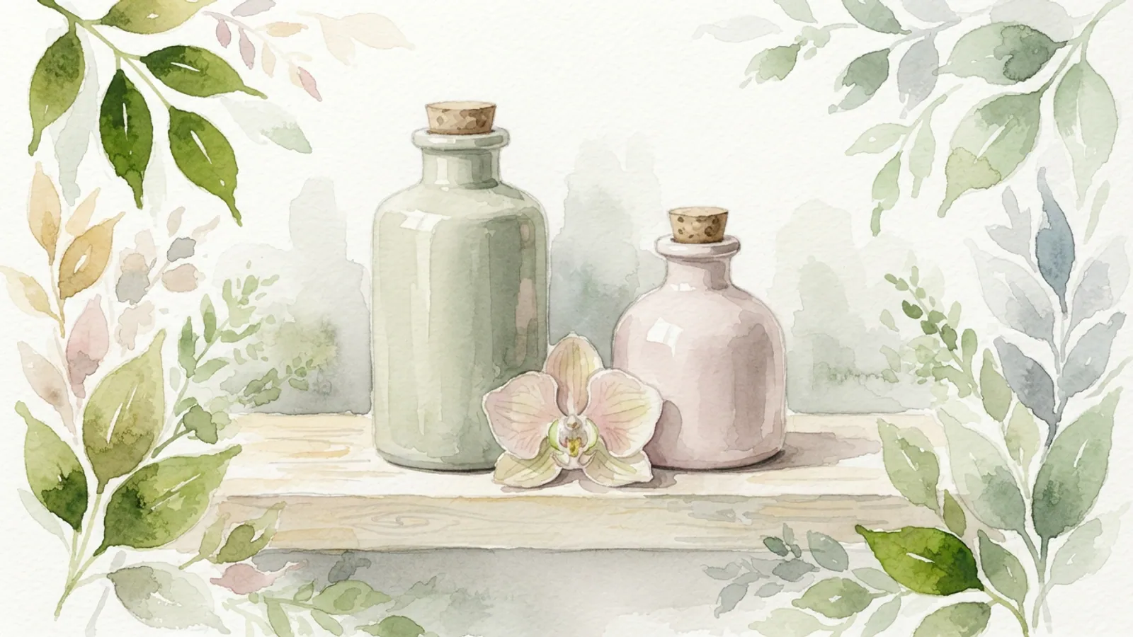 Two plain lotion bottles and an orchid bloom on a light wooden shelf.