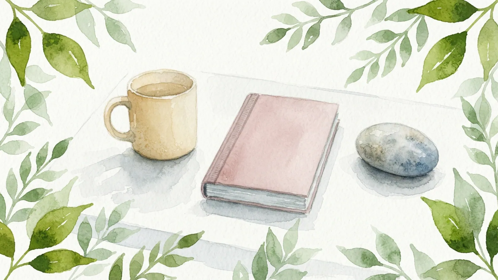 A mug, a closed notebook, and a stone paperweight on a minimalist desk.