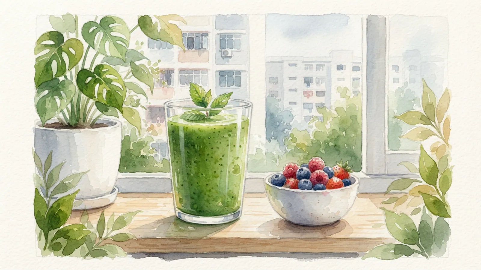 A glass of green smoothie and a bowl of berries in morning light.