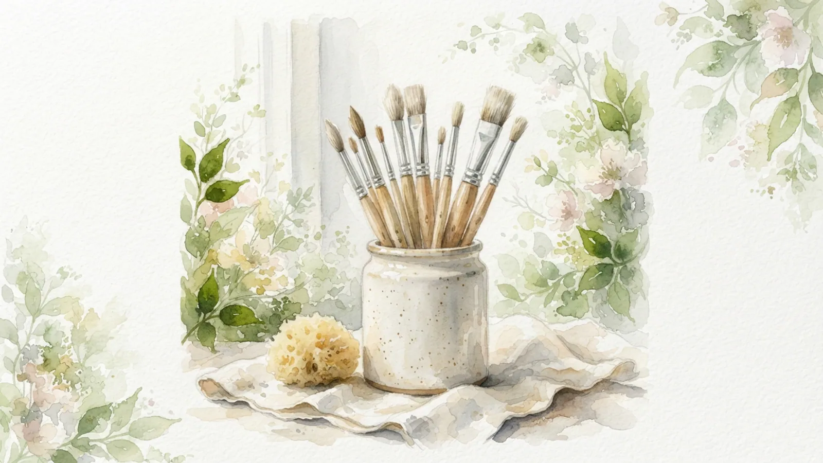 Clean paintbrushes in a ceramic jar with a sponge on a drop cloth.
