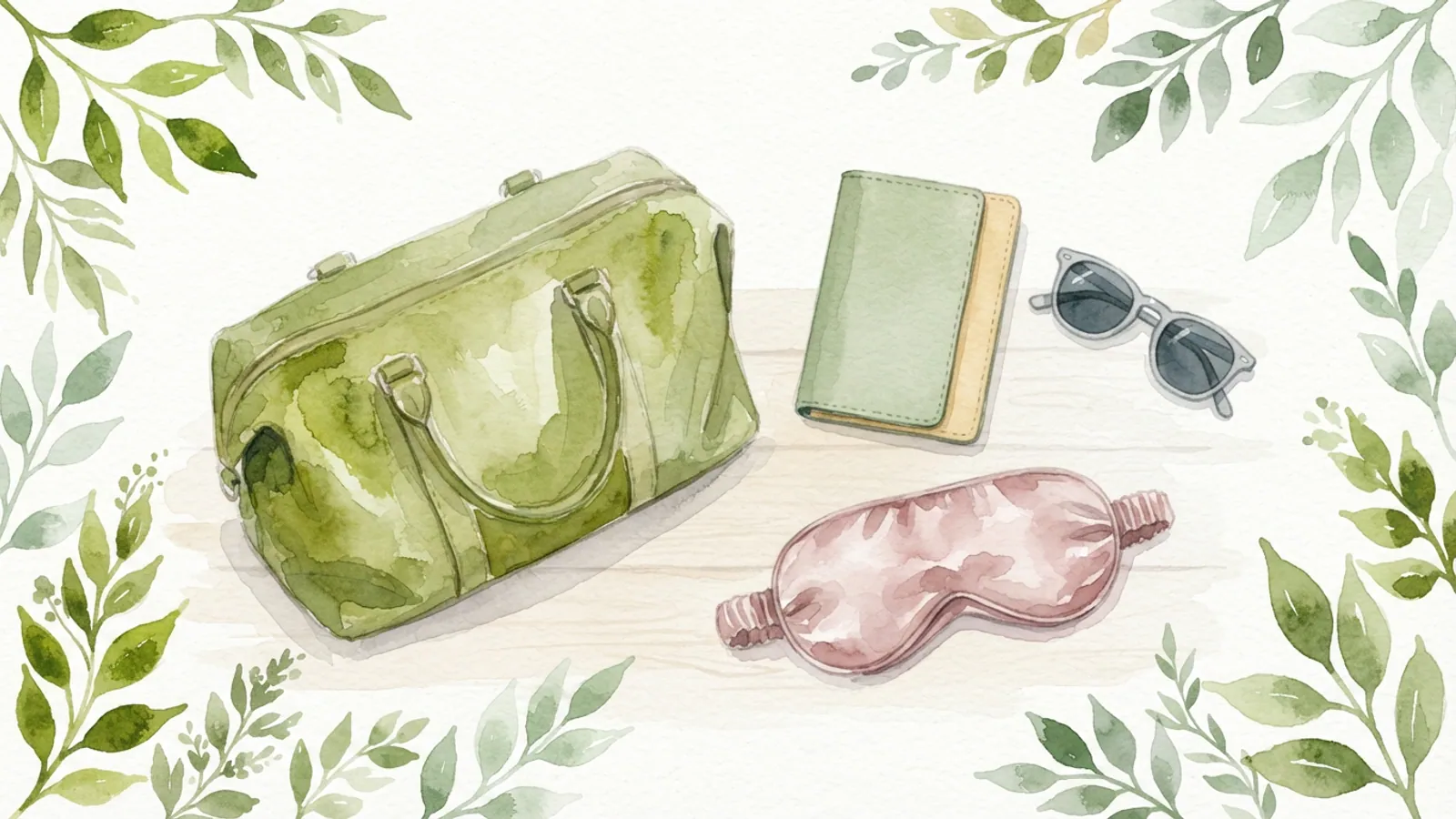 A green travel bag, a passport holder, sunglasses, and a pink eye mask on a pale table.