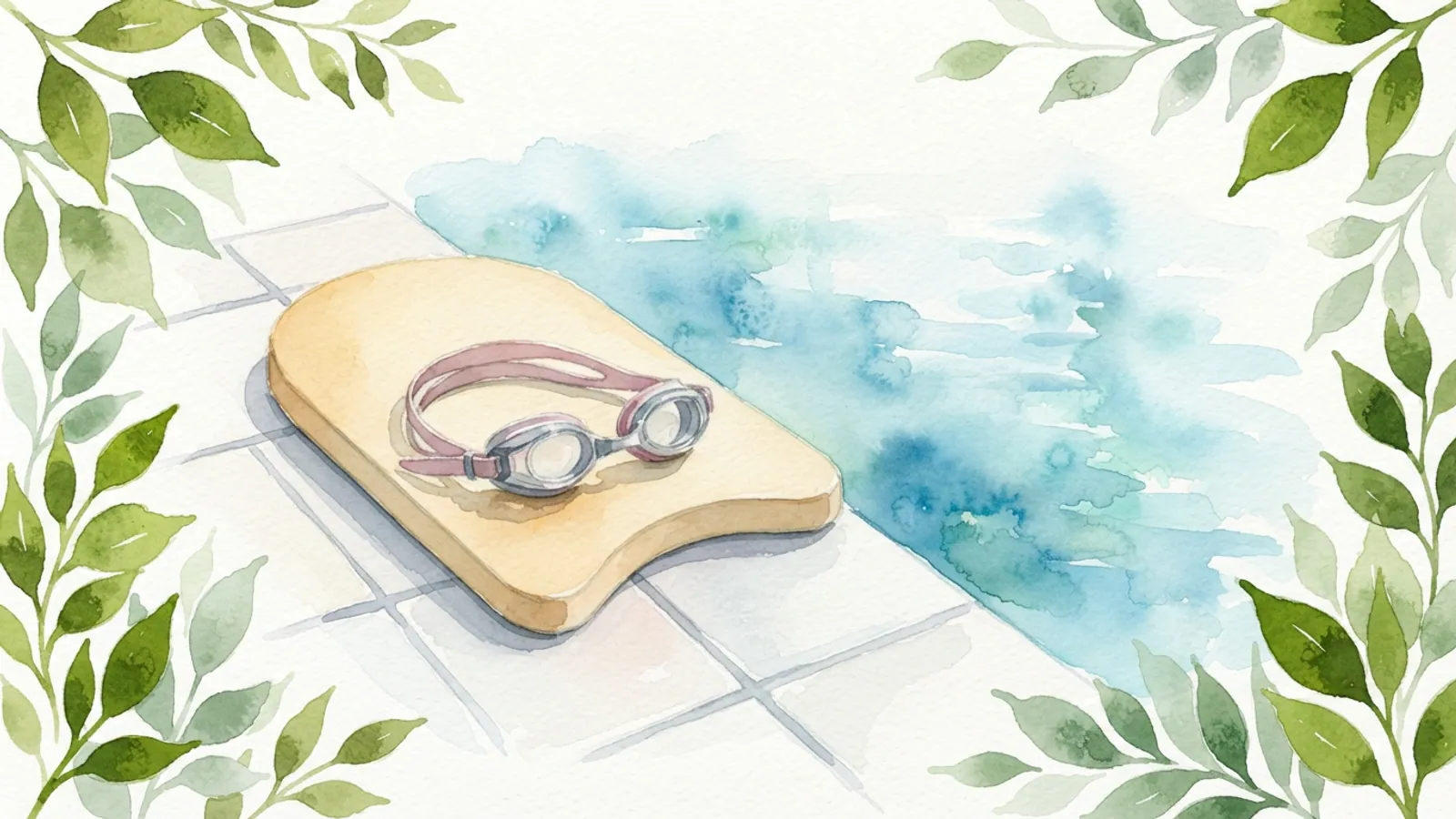 A plain kickboard with swim goggles at the edge of a swimming pool.