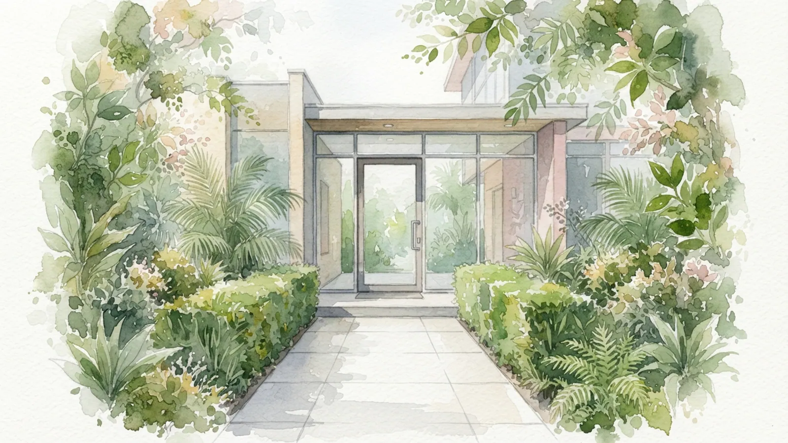 A clear glass entrance door to a residential building with a tropical hedge.