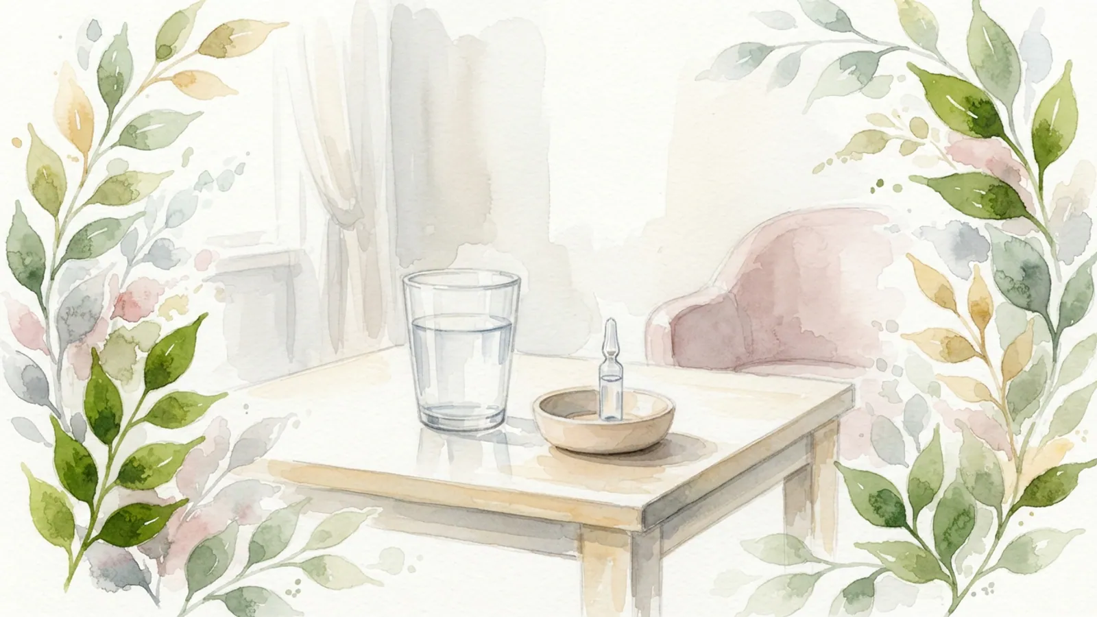 A glass of water and an ampoule in a dish on a table.
