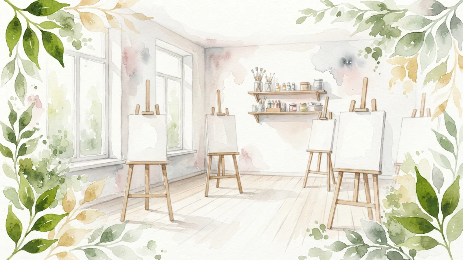 Empty easels with blank canvases in a bright workshop space.