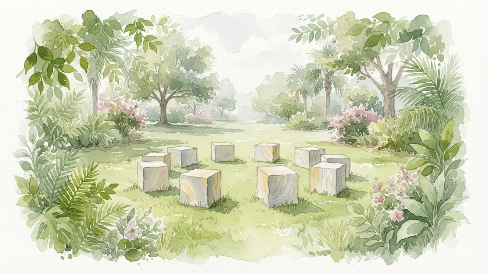 Large wooden blocks in a circle on a grassy area in a park.
