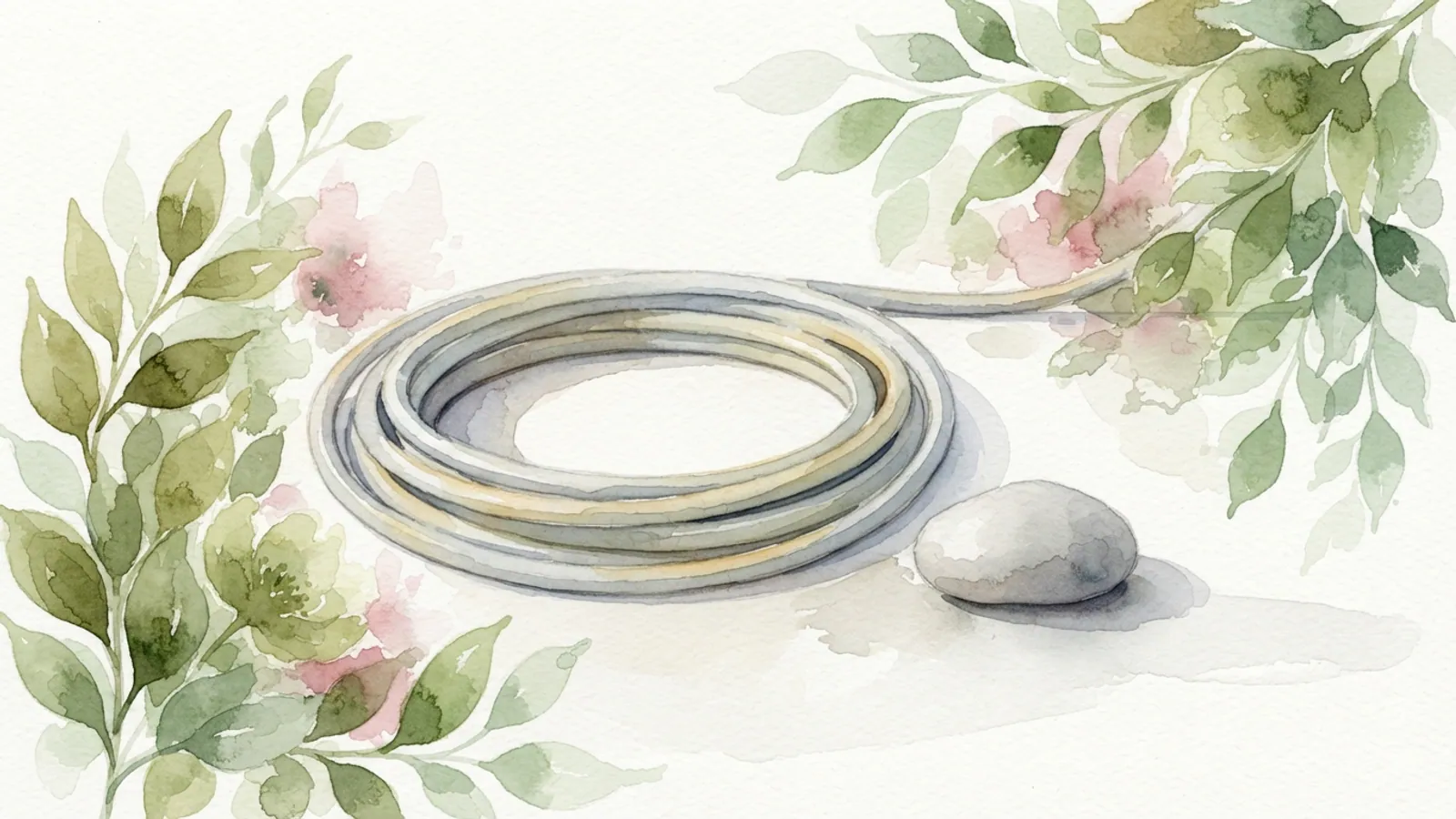 A coiled rope or hose and a smooth stone on a light surface, surrounded by watercolor leaves.