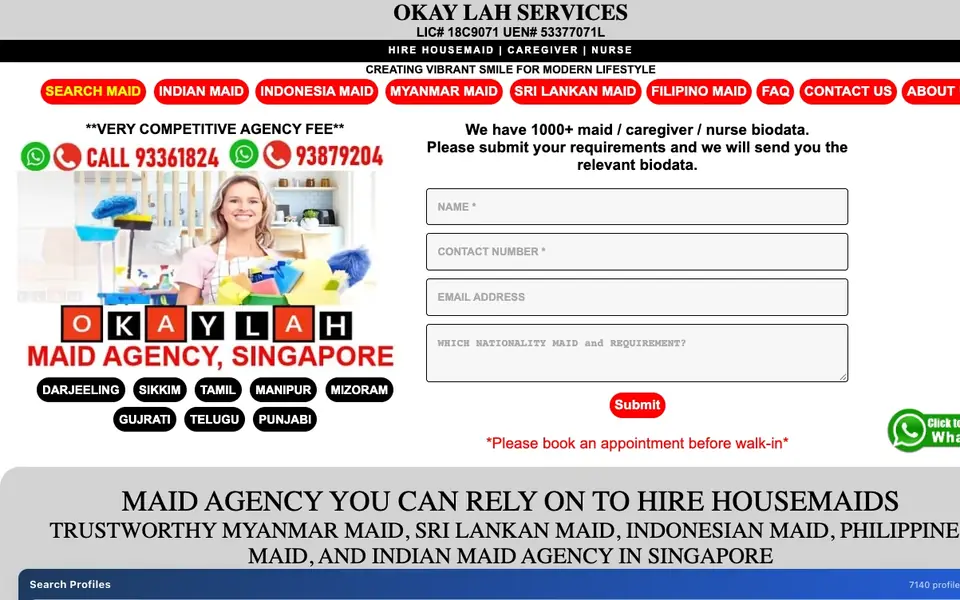 OkayLah Services Indian Maid Agency website homepage, 4 Oct 2026