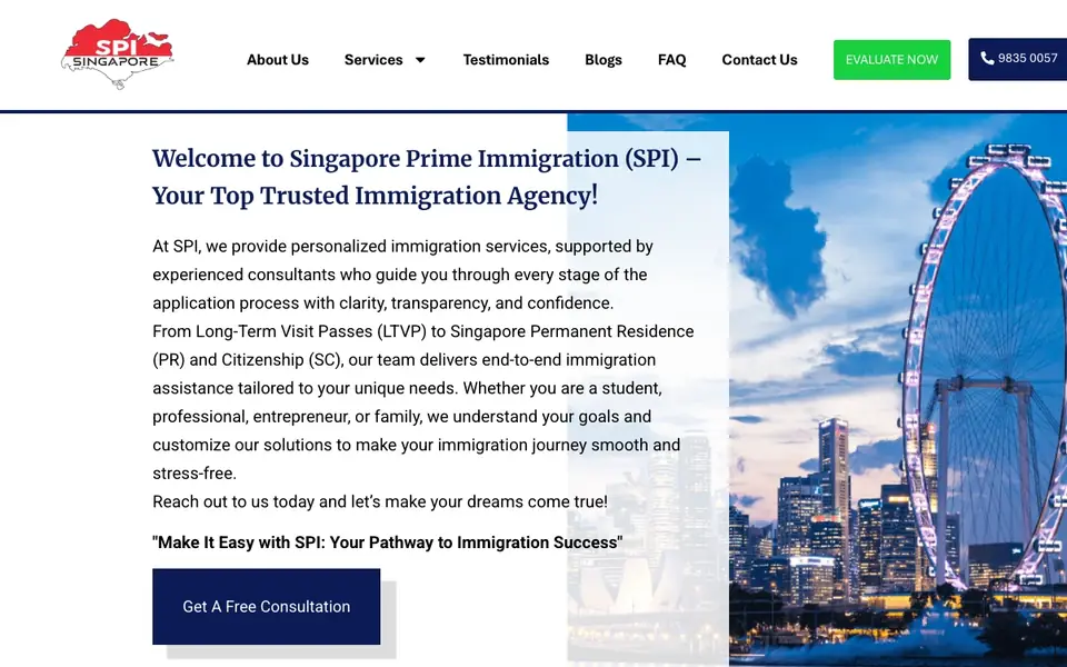 Singapore Prime Immigration Pte. Ltd. website homepage, 4 Oct 2026