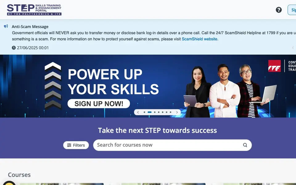 STEP (Skills Training & Enhancement Portal) website homepage, 4 Oct 2026